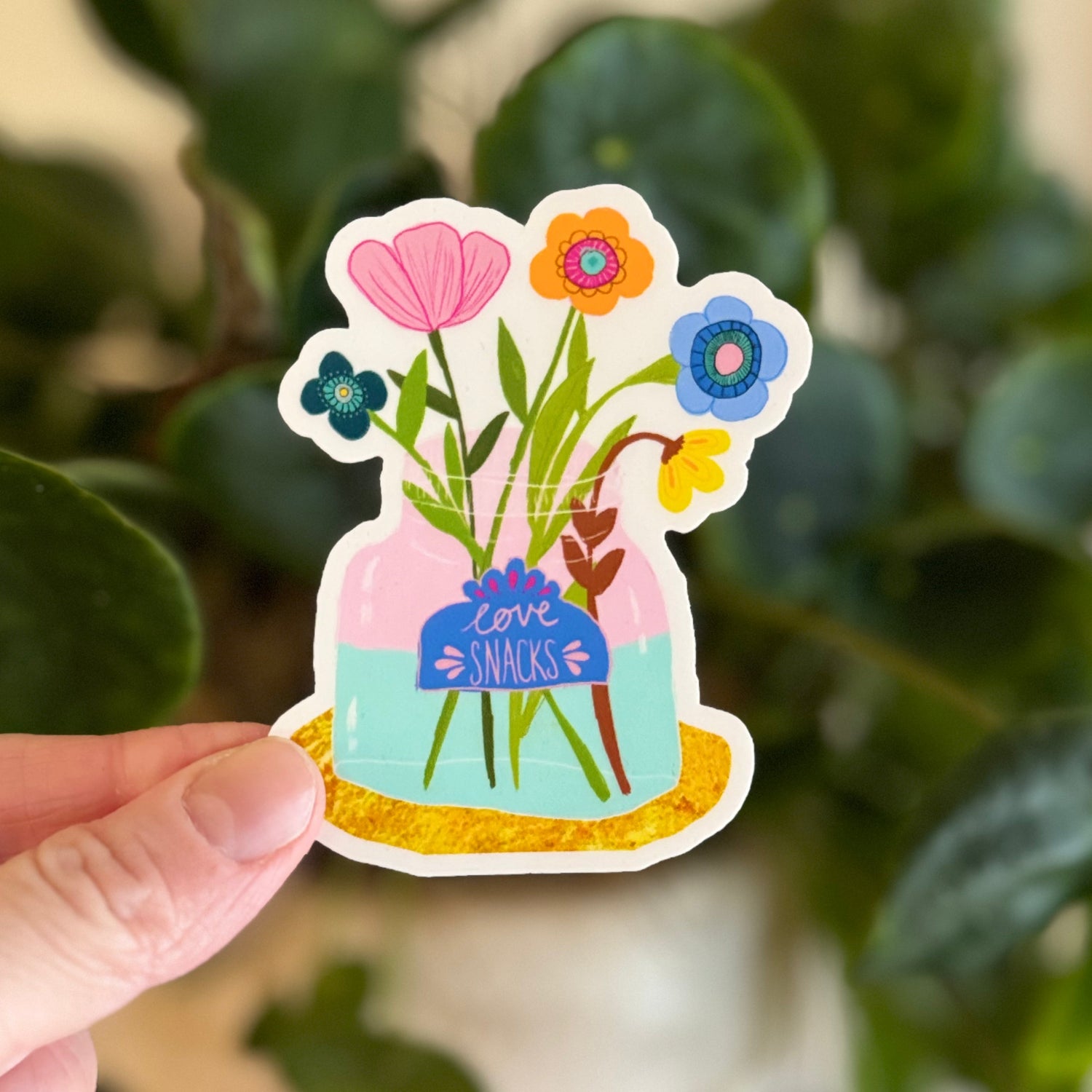 love snacks vase of flowers colourful waterproof vinyl sticker