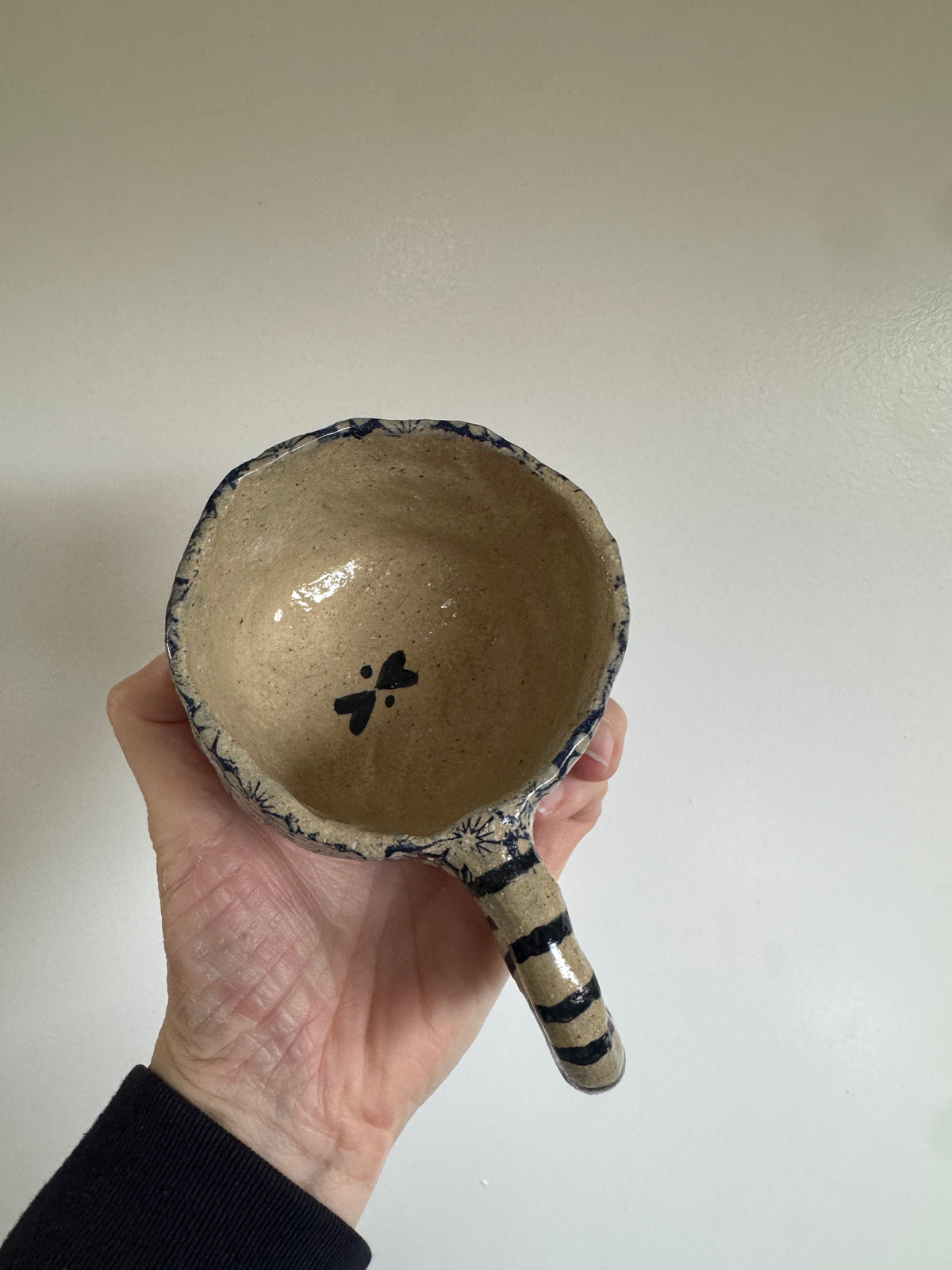 Handbuilt Ceramic Mug - Blue Florals with Stripey Handle