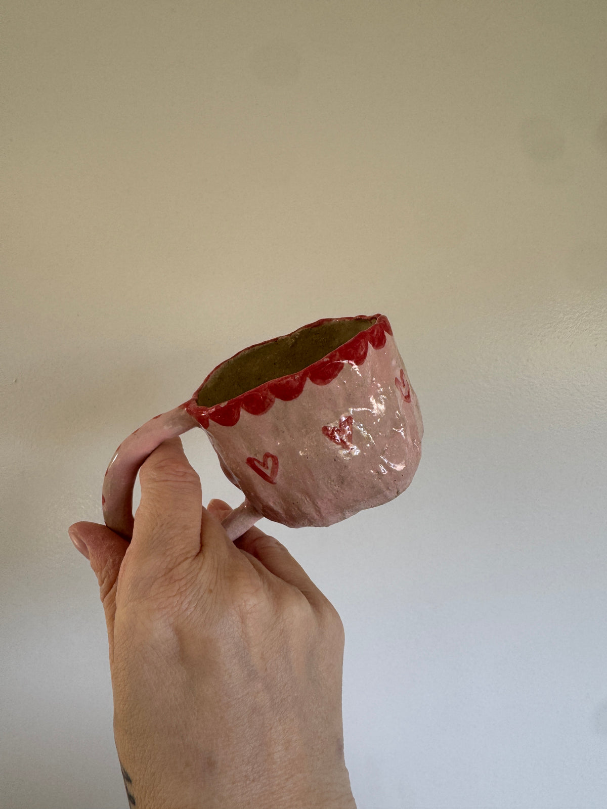 Handbuilt Ceramic Mug/Teacup - Hand painted Pink with Red Hearts