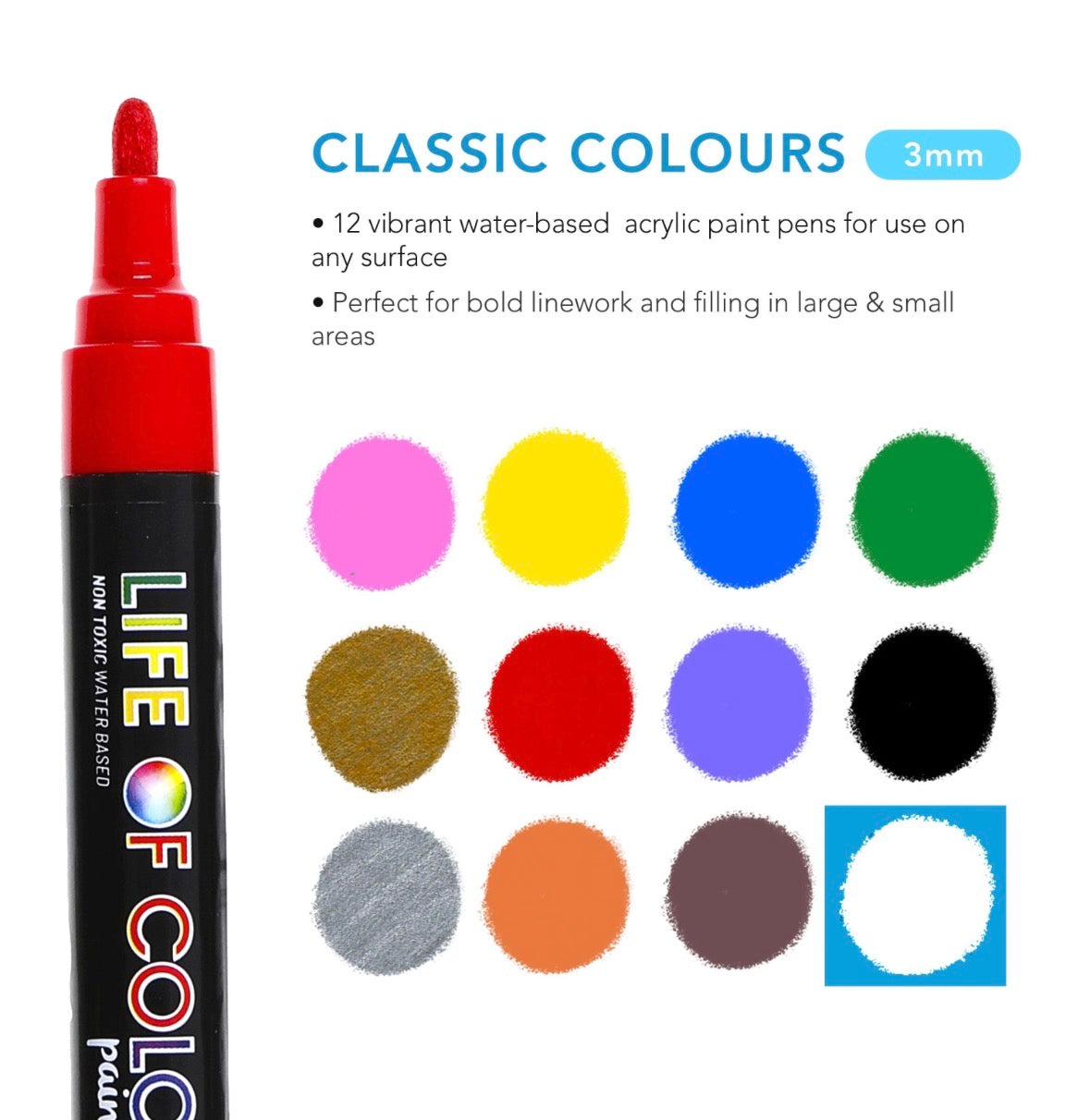 Classic Colours 3mm Medium Tip Acrylic Paint Pens - Set of 12