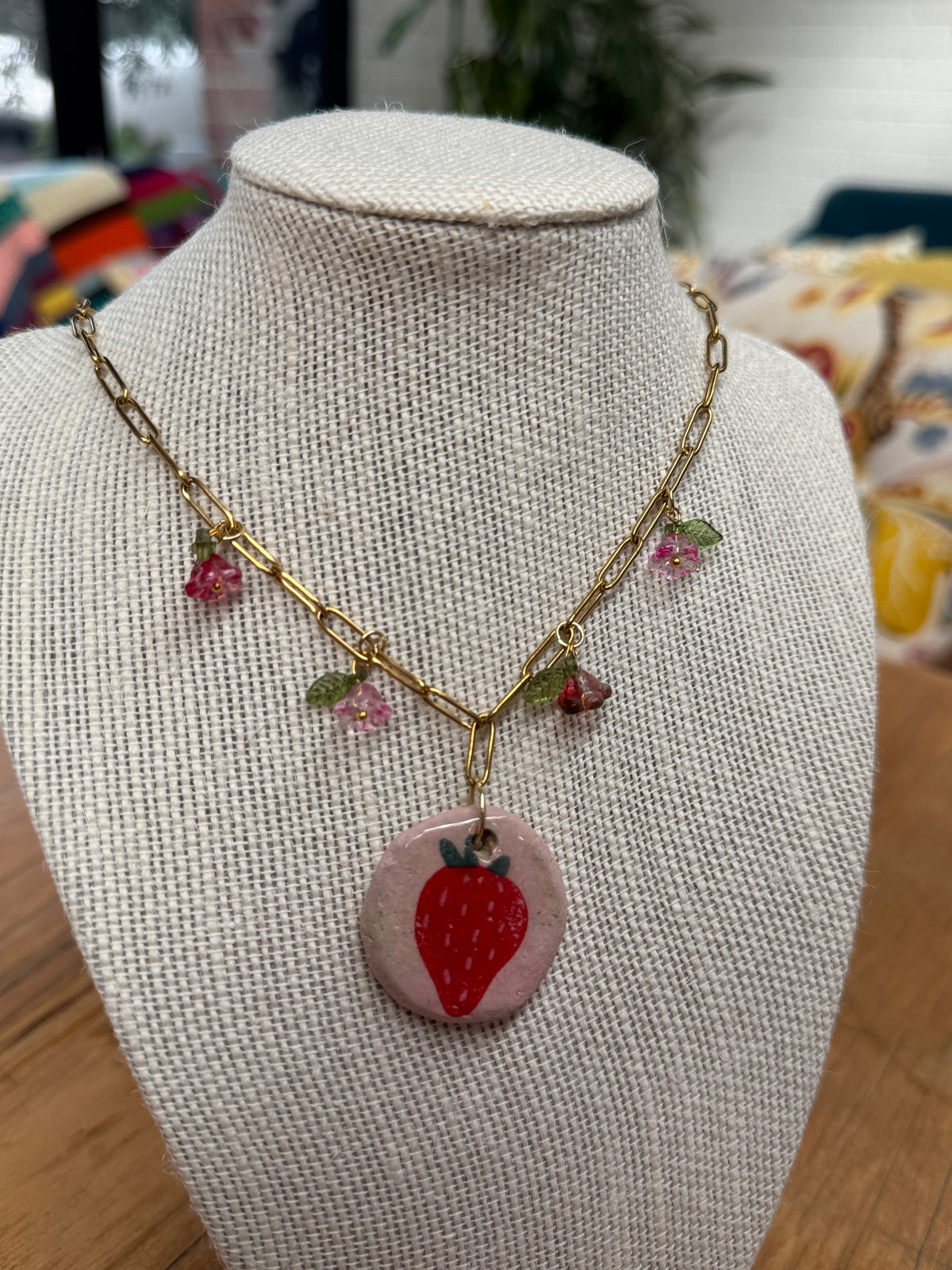 Ceramic Strawberry Pendant Necklace with Flower Charms