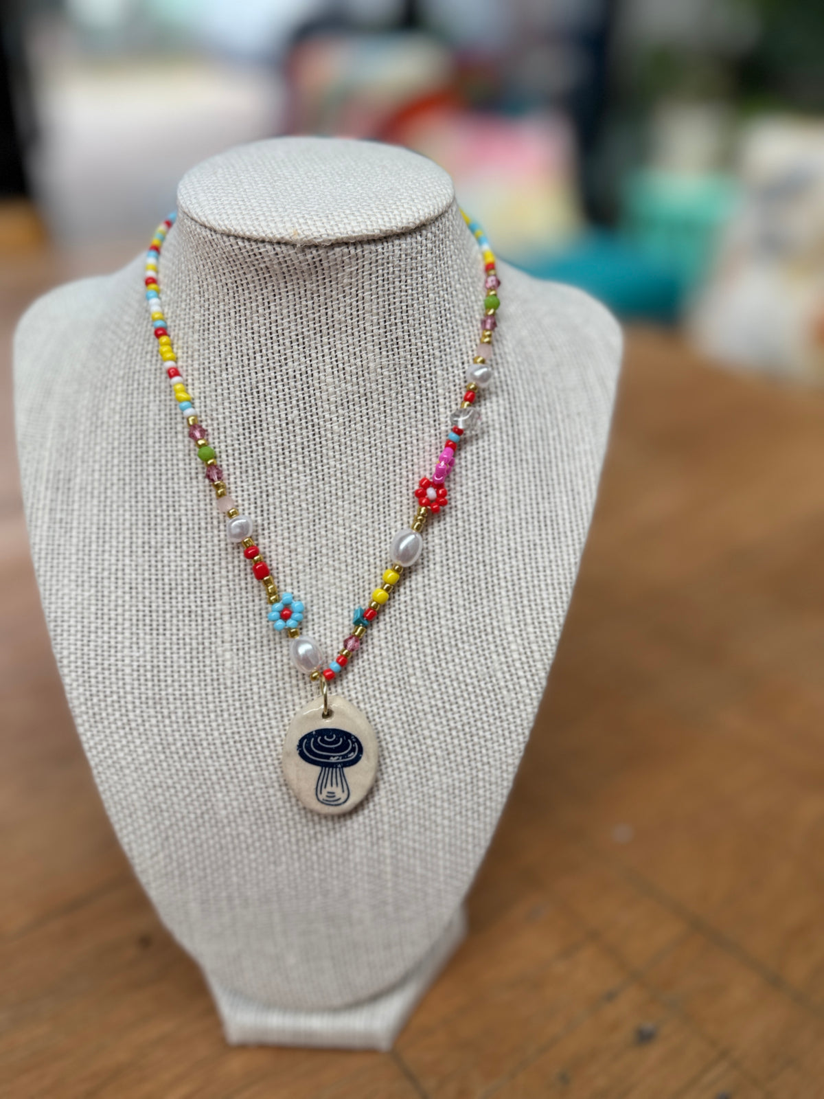 Beaded Necklace with Ceramic Mushroom Pendant