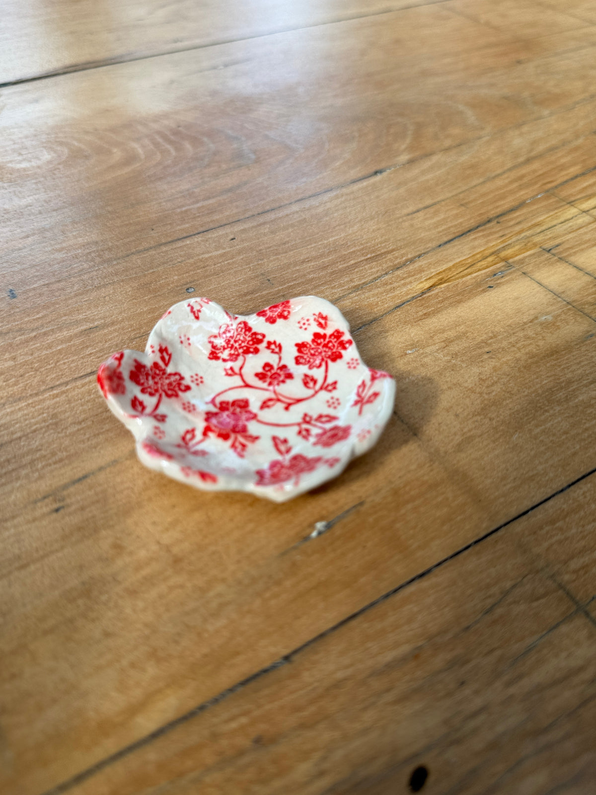 Handbuilt Ceramic Scalloped Red Floral Mini Trinket Dish