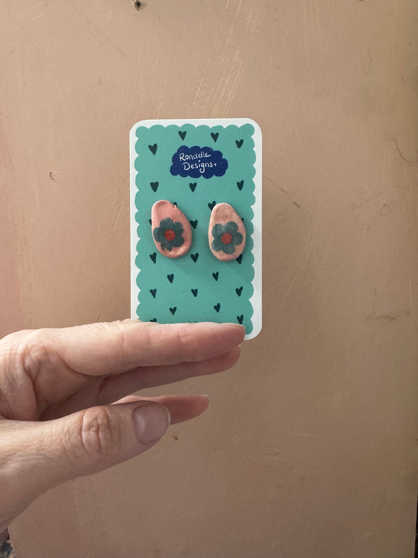 Handmade Ceramic Stud Earrings - Pink & Aqua Flower