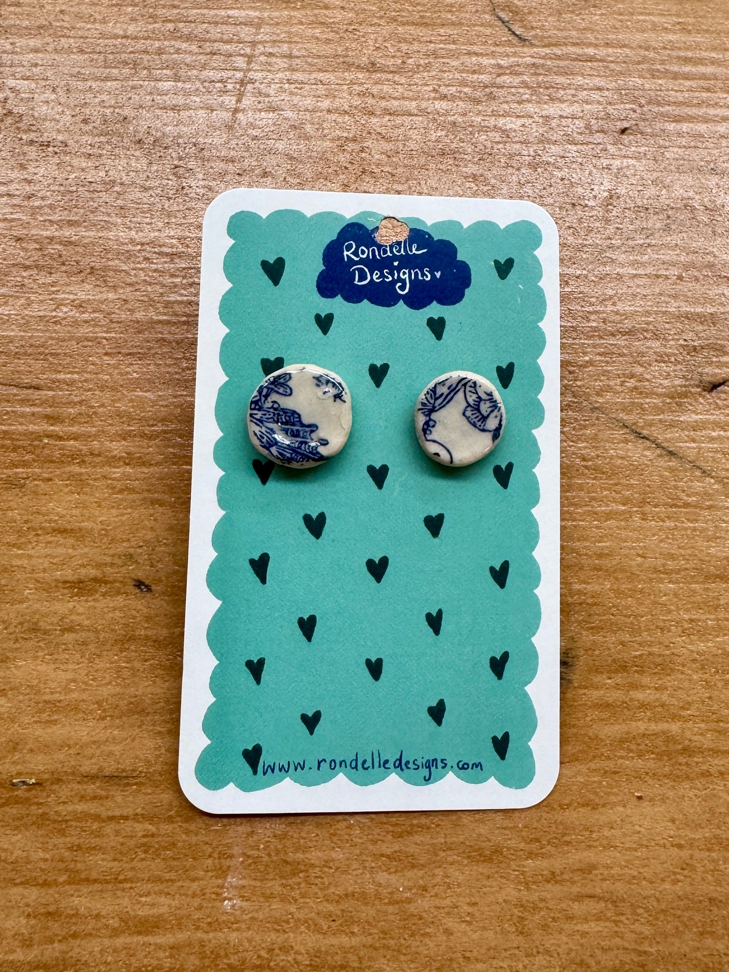 Handmade Ceramic Stud Earrings - Blue Florals 2