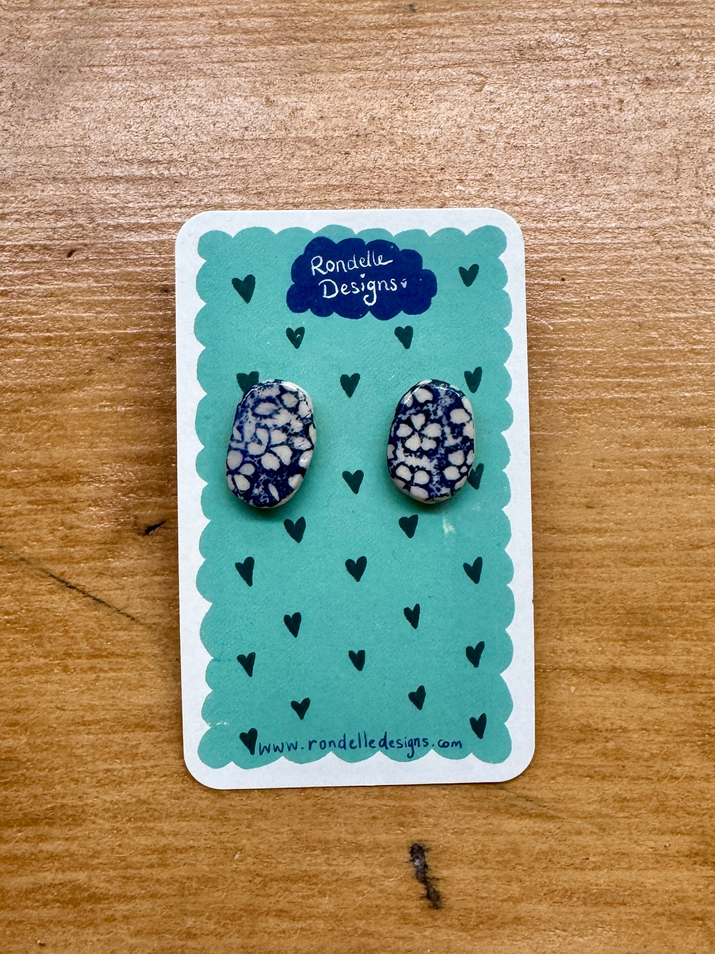 Handmade Ceramic Stud Earrings - Blue Daisies 2