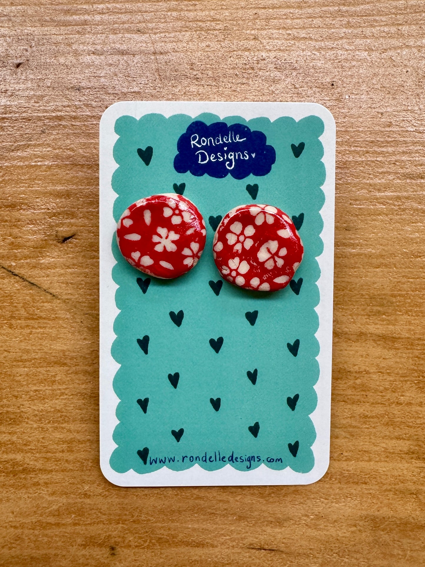Handmade Ceramic Stud Earrings - Red Daisies 4