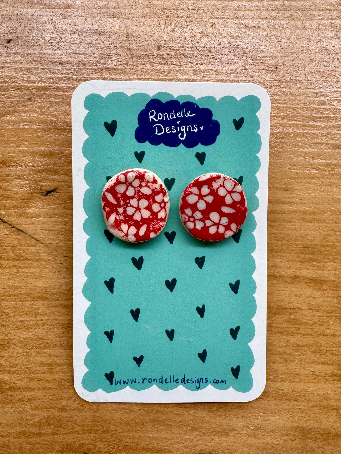 Handmade Ceramic Stud Earrings - Red Daisies 2