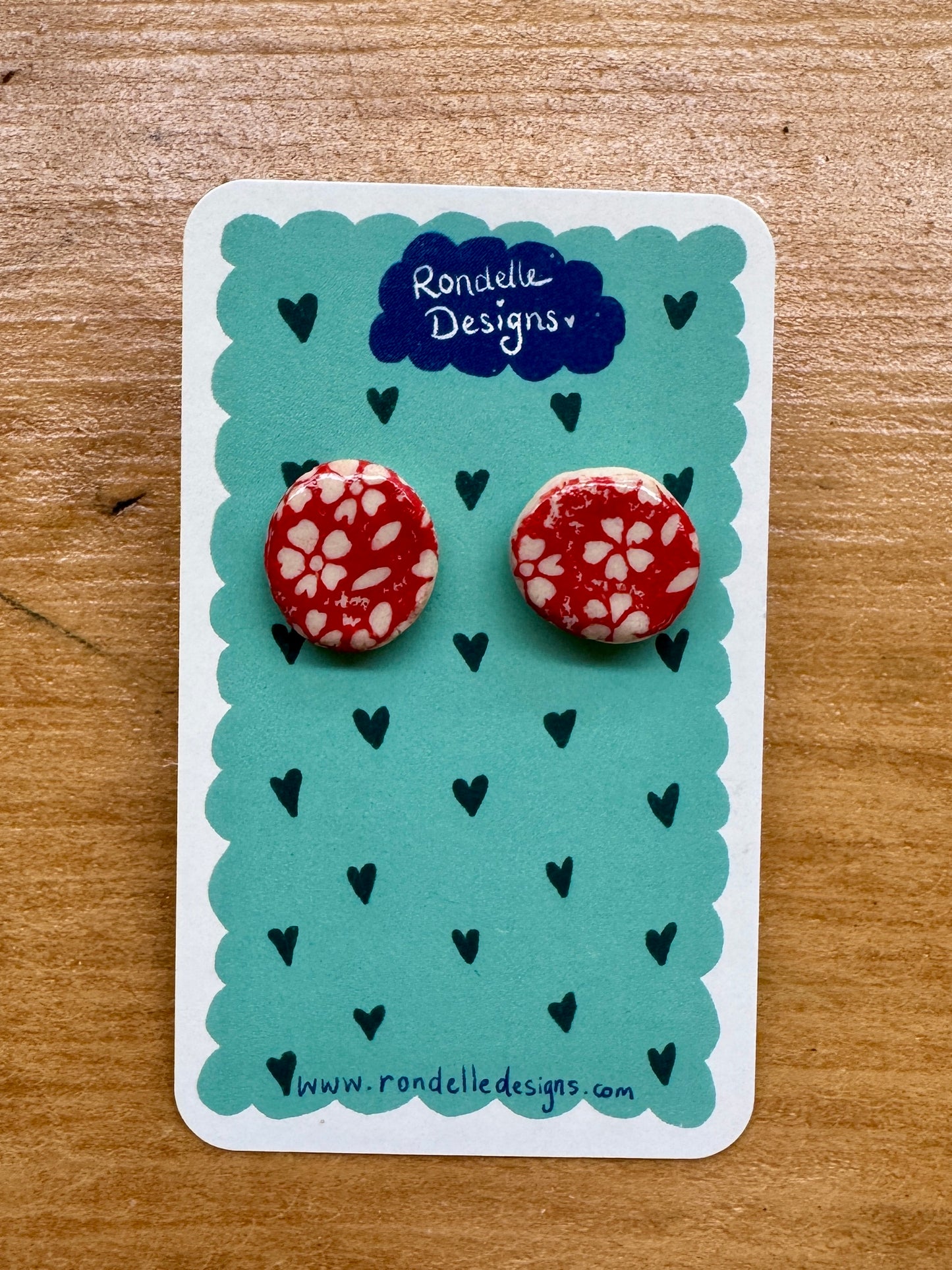 Handmade Ceramic Stud Earrings - Red Daisies 3