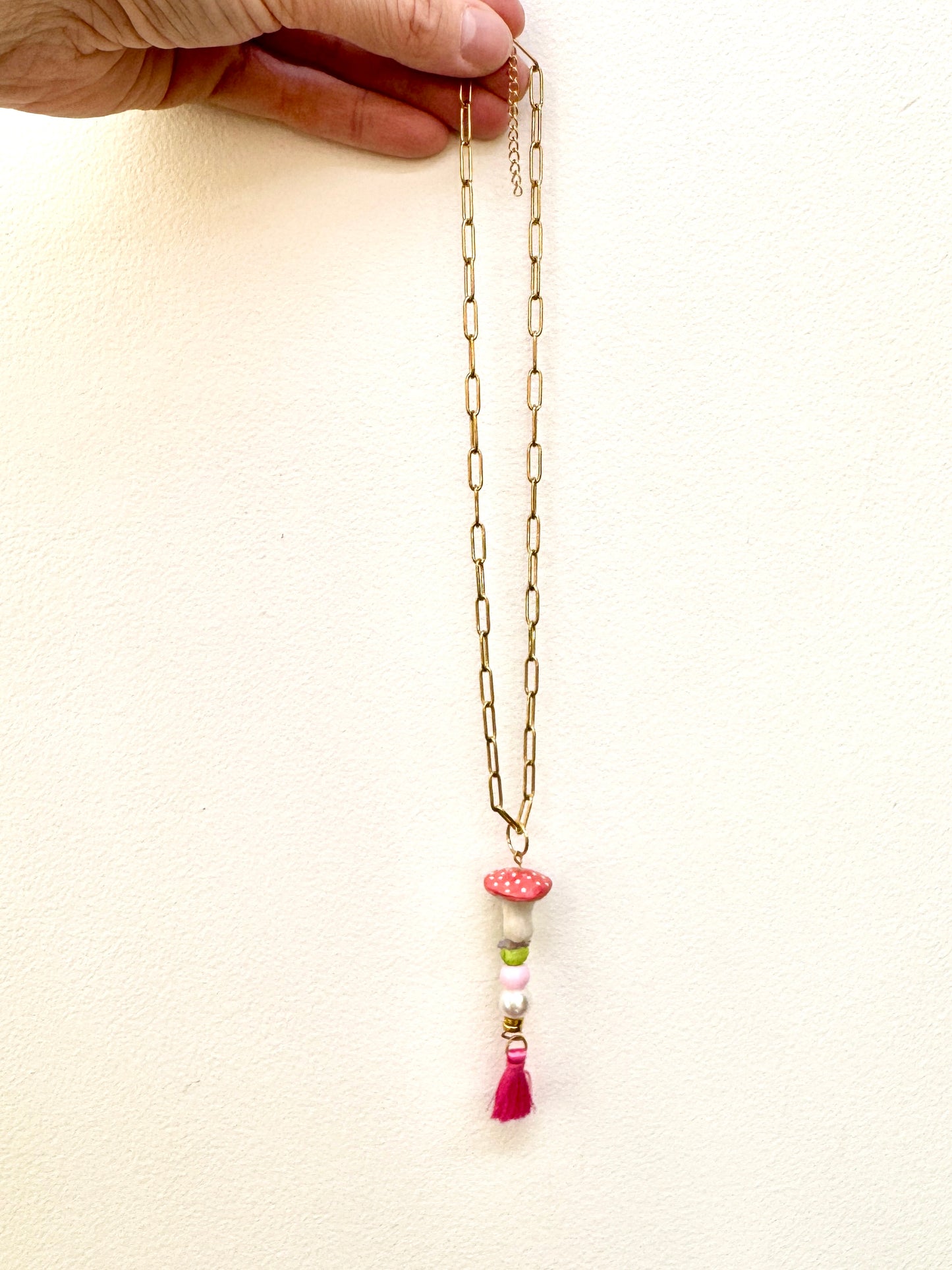 Handmade Ceramic Mushroom Necklace with Beads & Tassel