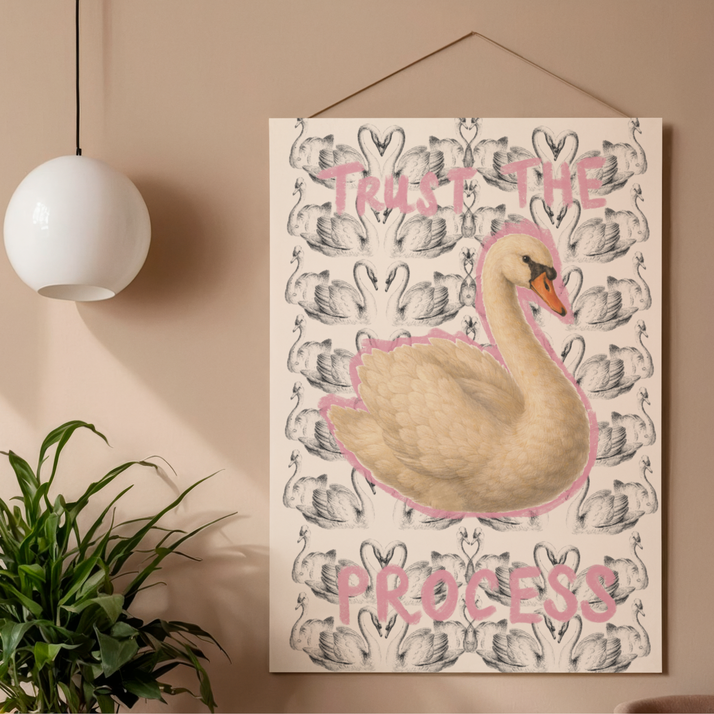 Trust The Process Printable Wall Art – Punk Swan Poster, Motivational Quote Print, Black White Pink Decor, Instant Download