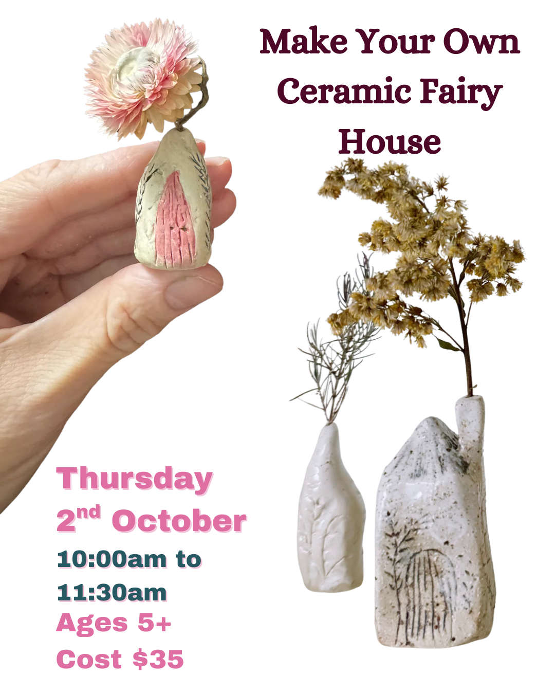 School Holiday Workshop - Ceramic Fairy Houses Thursday 2nd October - 10am-11:30am Ages 5+
