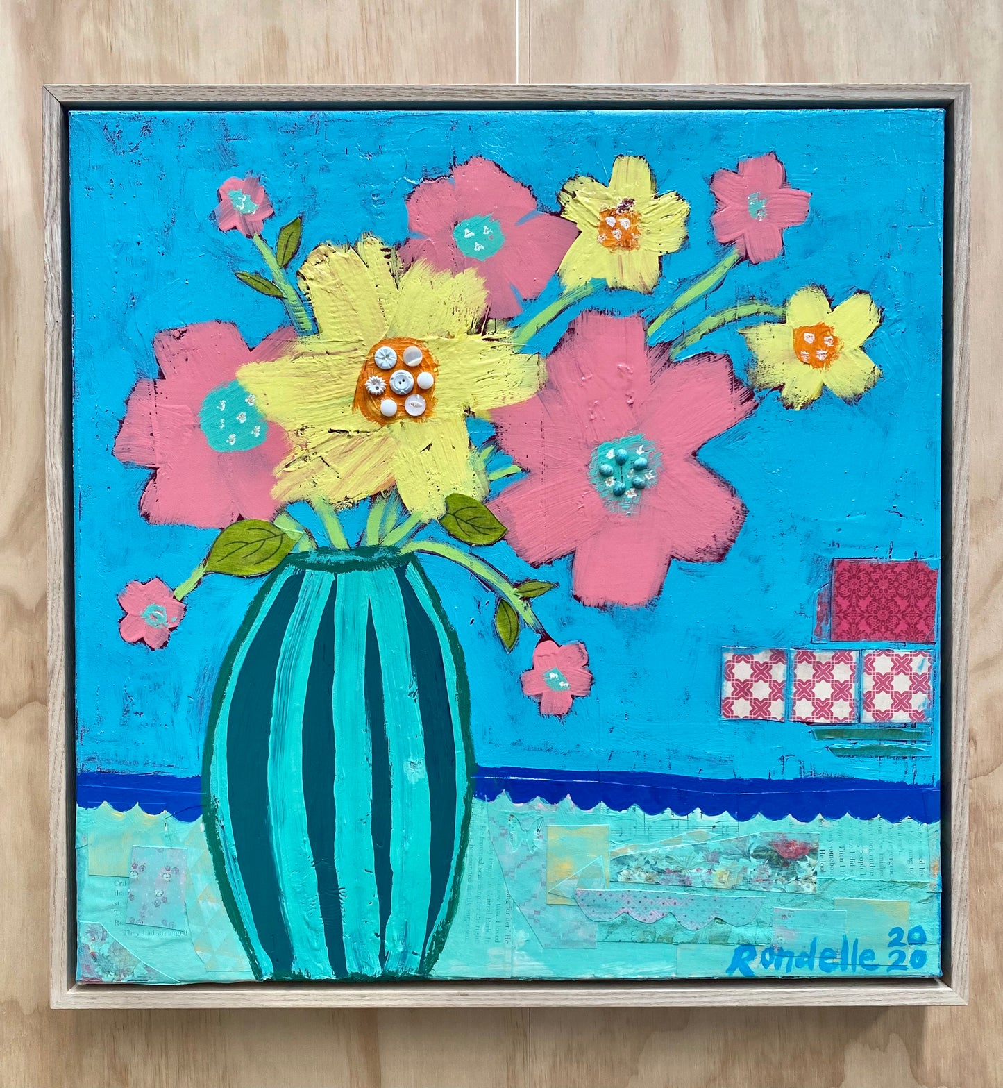 Happy Flowers - Framed Original Acrylic and mixed media Painting on Canvas