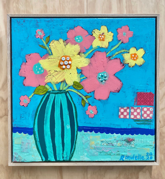Happy Flowers - Framed Original Acrylic and mixed media Painting on Canvas