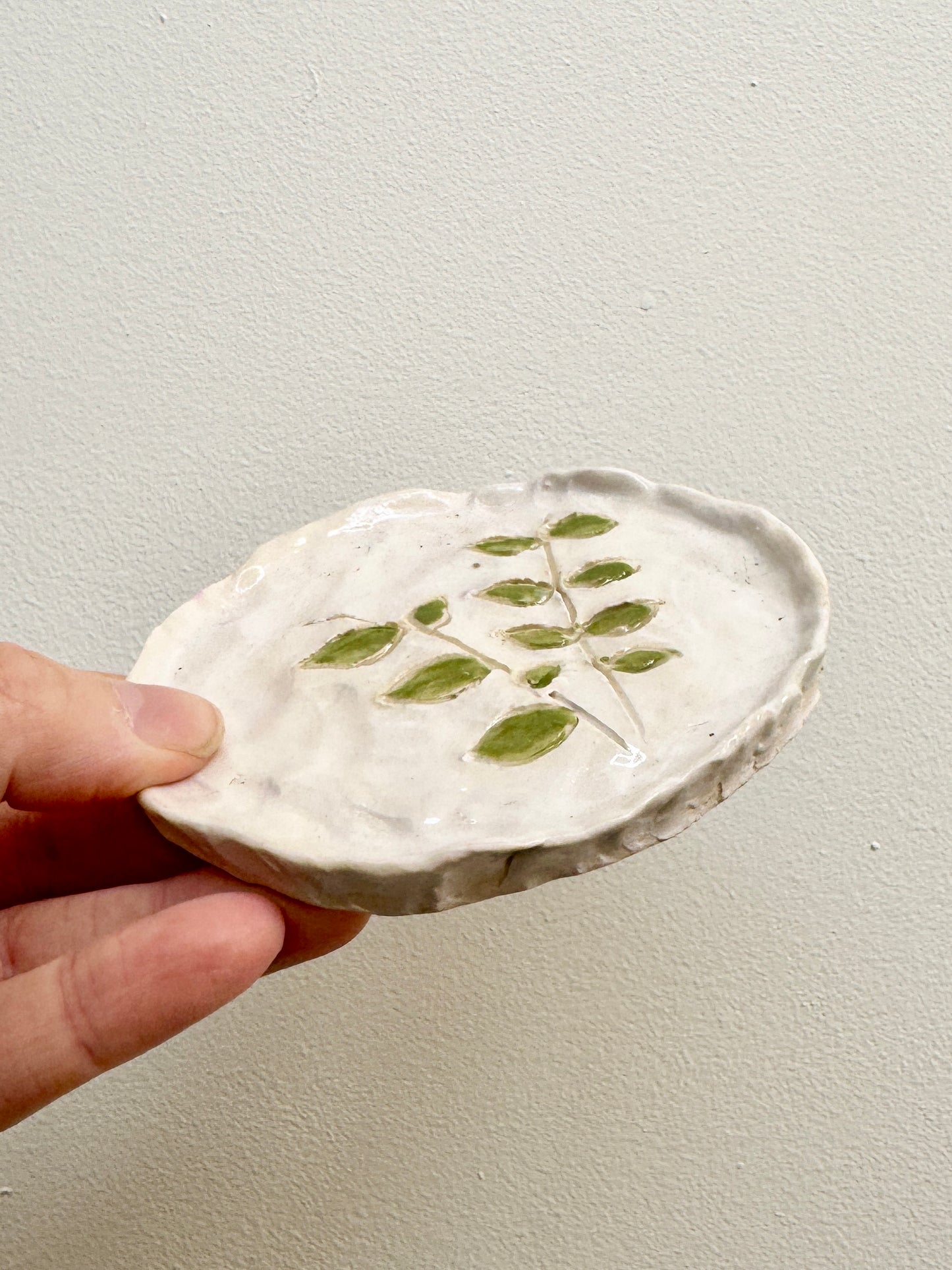 Handbuilt Ceramic Trinket Dish - Green Leaves