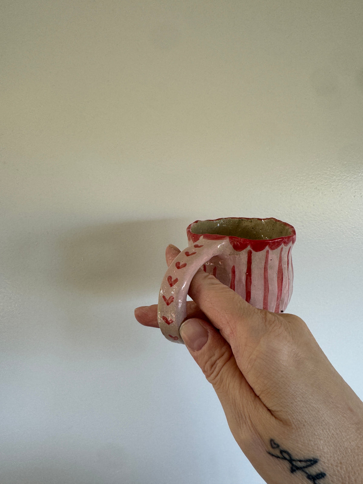 Handbuilt Ceramic Mug/ Teacup - Hand painted Pink & Red stripes