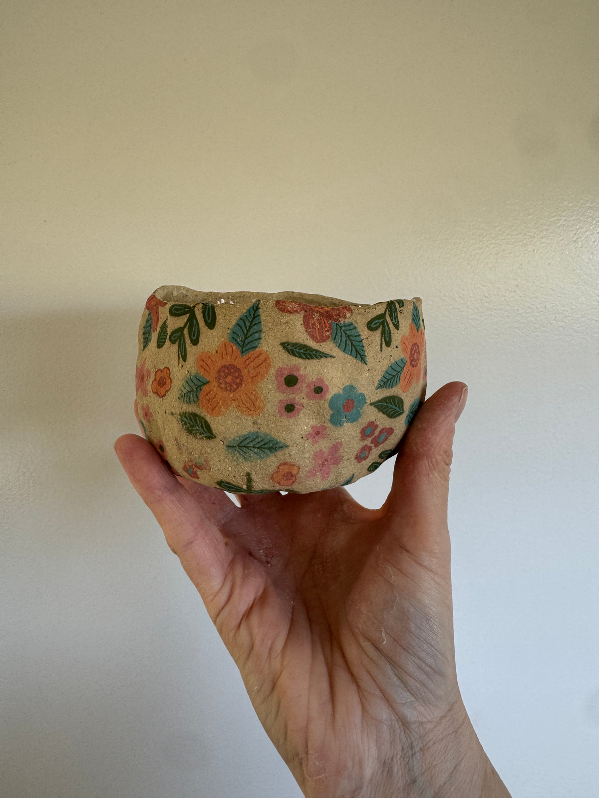 Ceramic Bowl with Spring Florals Design – One of a Kind Handbuilt Pottery