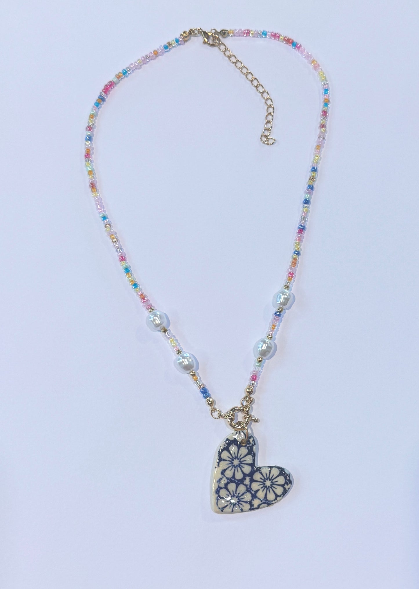 Beaded Necklace with Blue Floral Ceramic Pendant