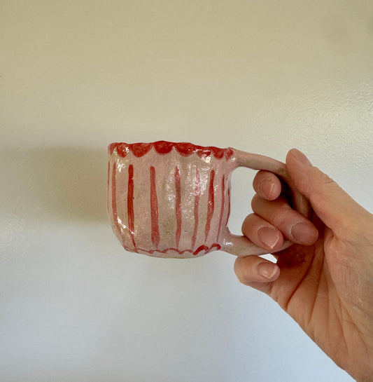 Handbuilt Ceramic Mug/ Teacup - Hand painted Pink & Red stripes
