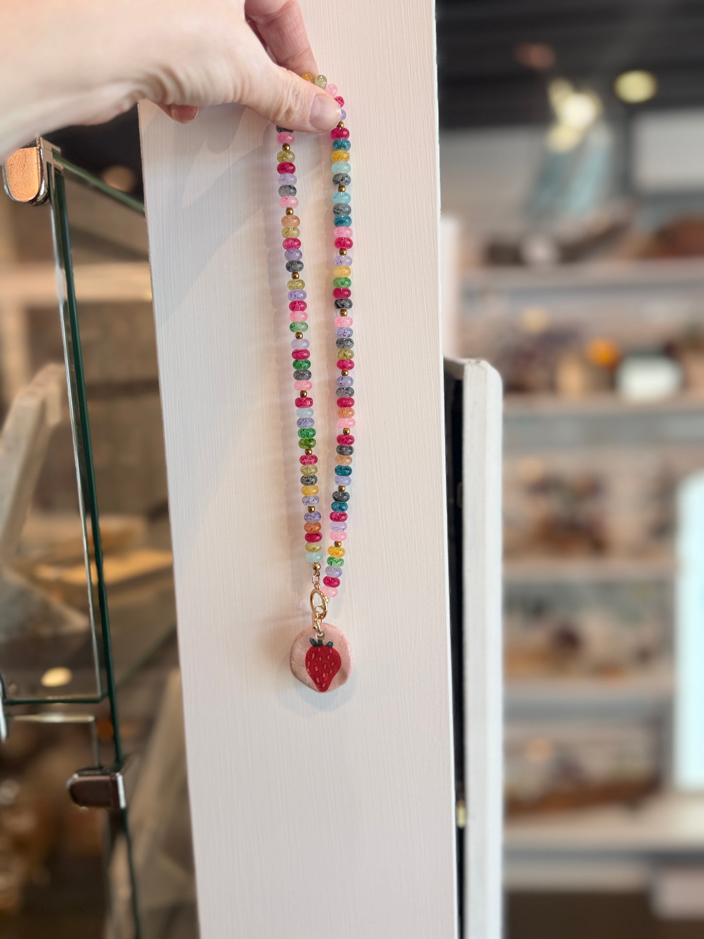 Beaded Necklace with Ceramic Strawberry Pendant