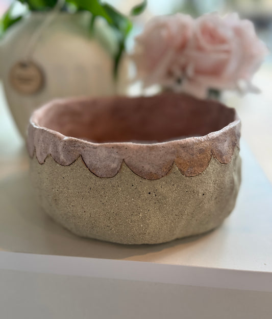 Large Ceramic Bowl with Pink Scallop detail – One of a Kind Handbuilt Ceramics