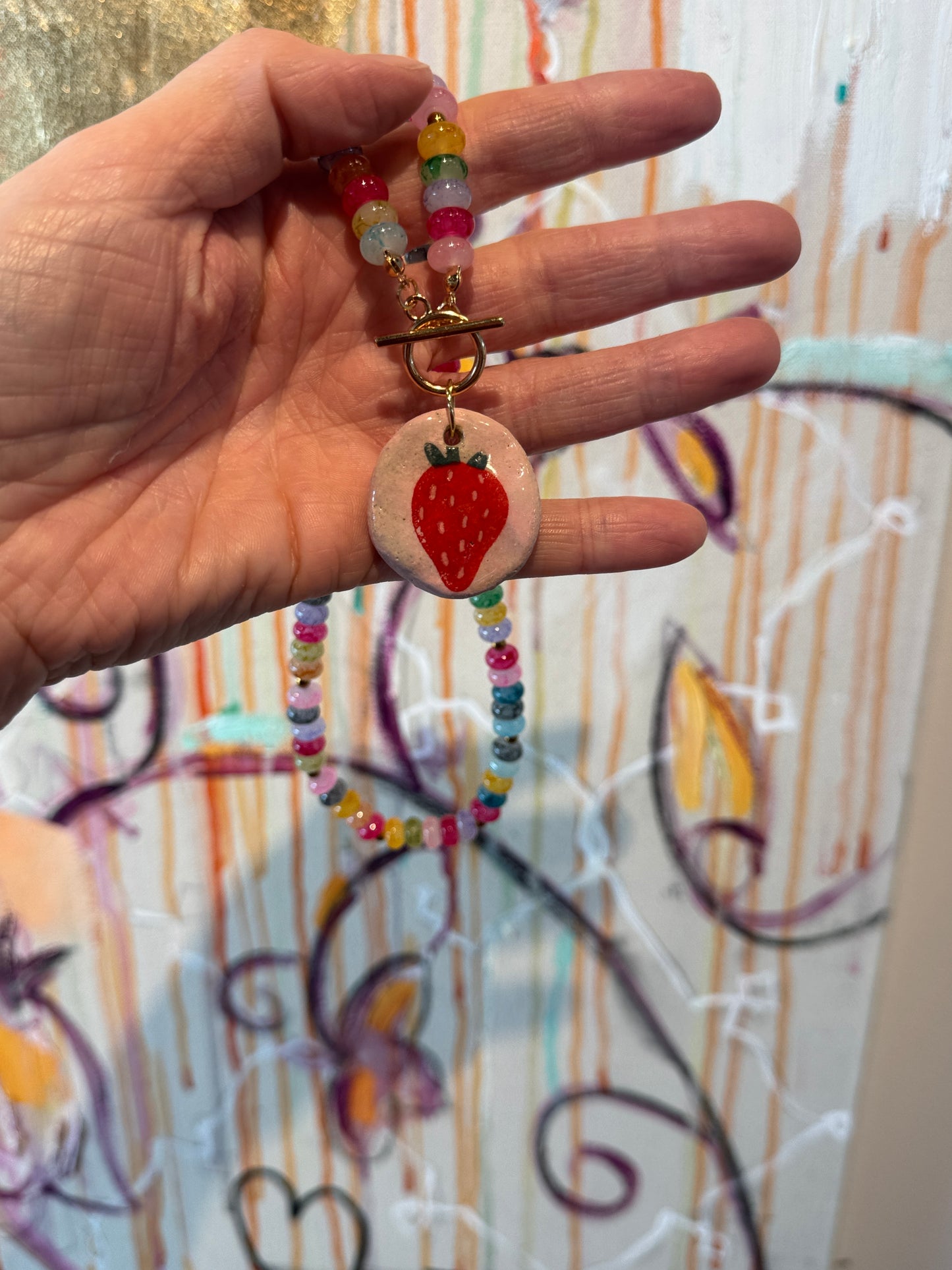 Beaded Necklace with Ceramic Strawberry Pendant