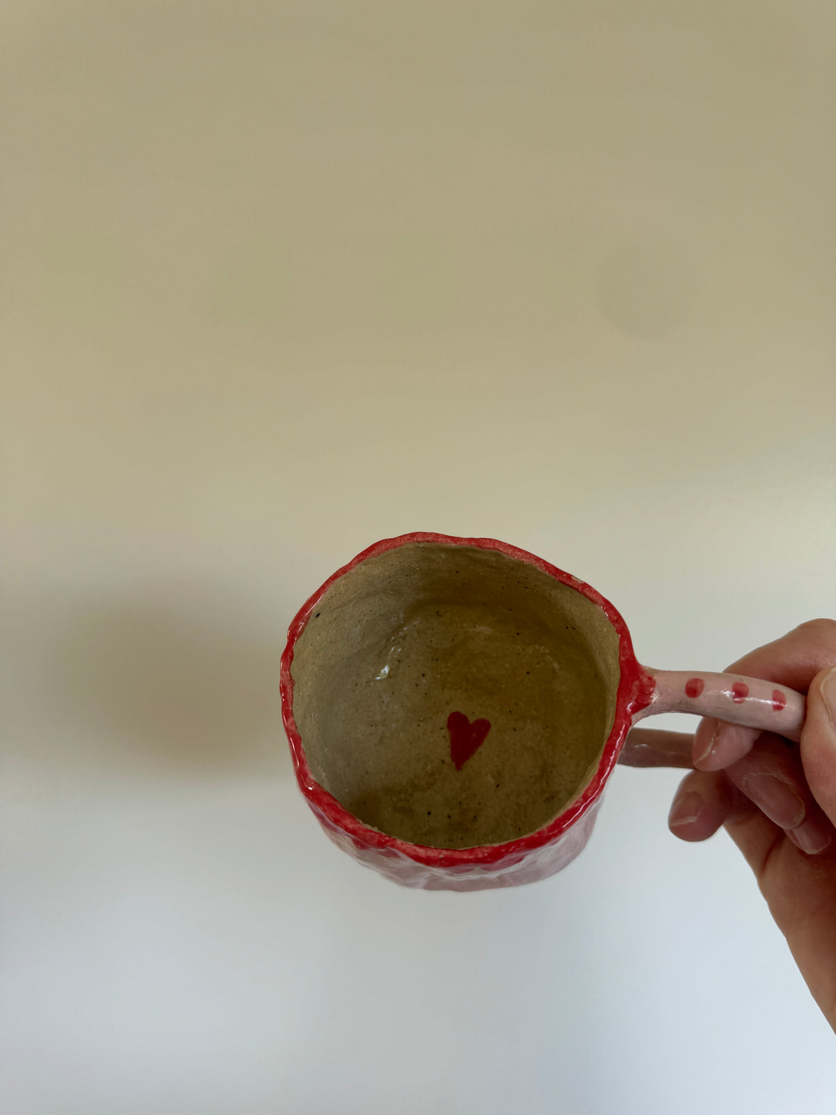 Handbuilt Ceramic Mug/Teacup - Hand painted Pink with Red Hearts