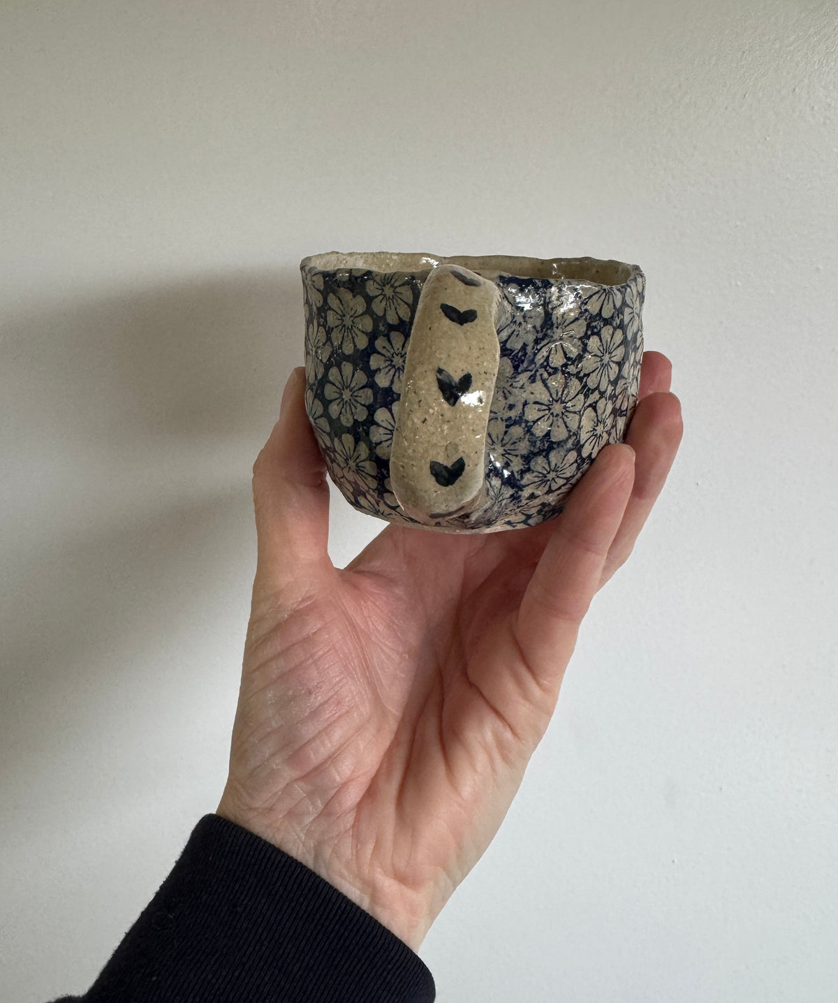 Handbuilt Ceramic Mug - Blue Florals with hearts