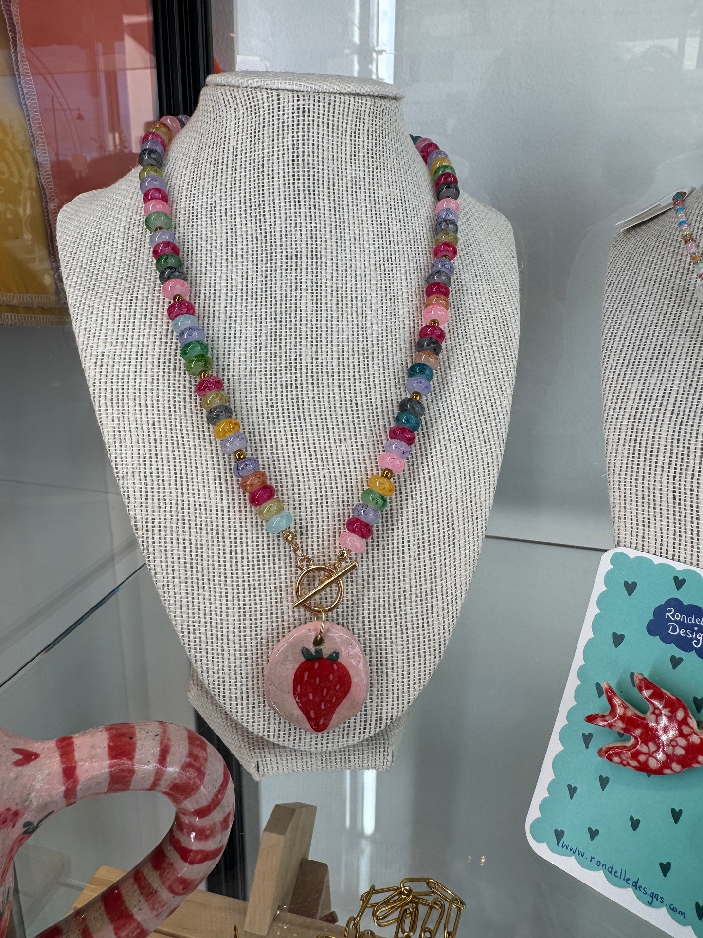 Beaded Necklace with Ceramic Strawberry Pendant