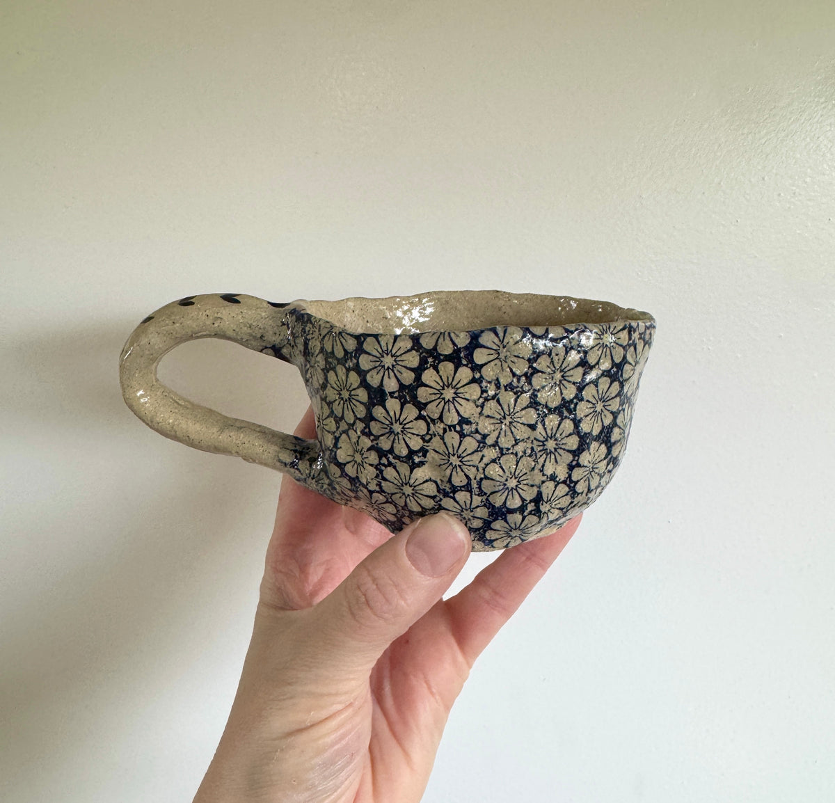 Handbuilt Ceramic Mug - Blue Florals with hearts