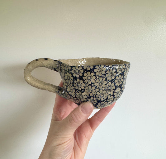 Handbuilt Ceramic Mug - Blue Florals with hearts
