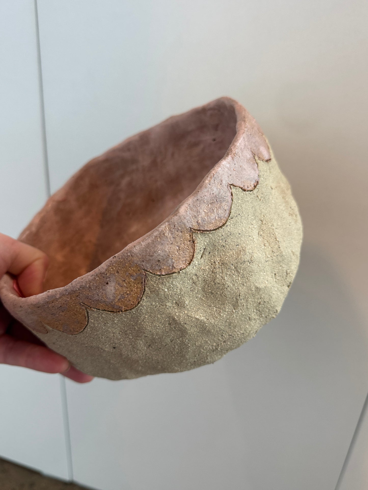 Large Ceramic Bowl with Pink Scallop detail – One of a Kind Handbuilt Ceramics