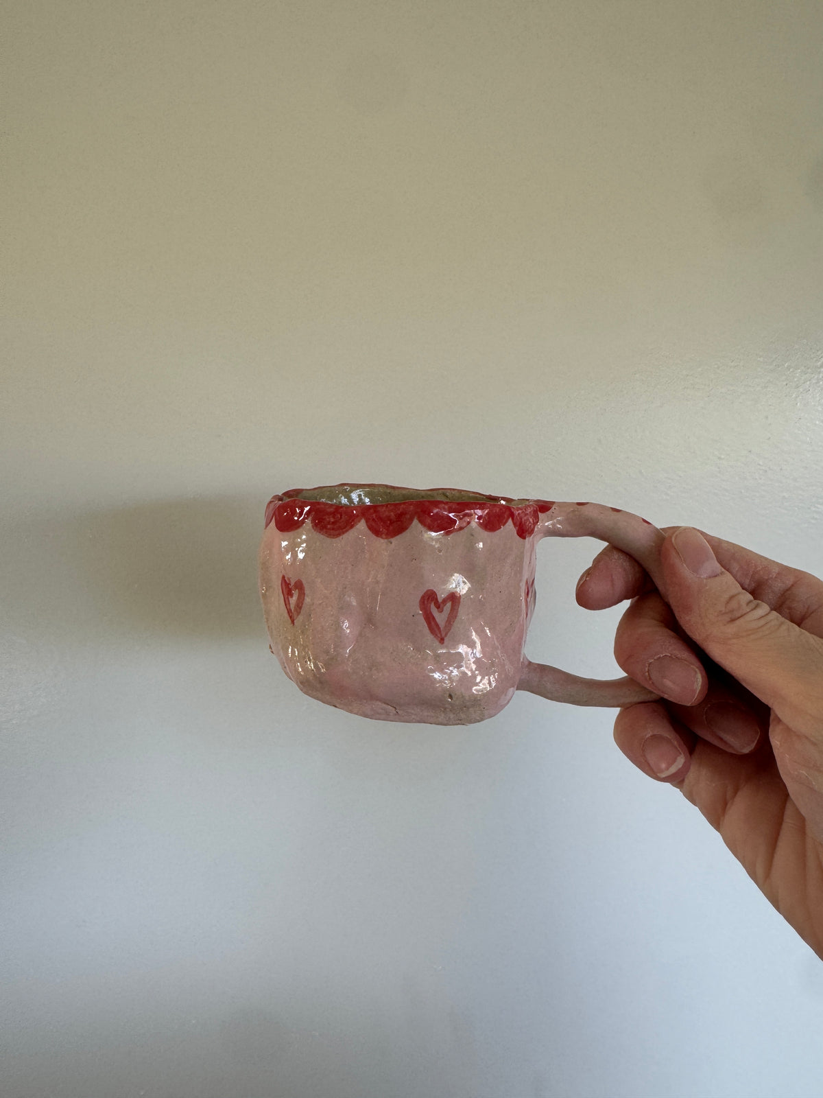 Handbuilt Ceramic Mug/Teacup - Hand painted Pink with Red Hearts