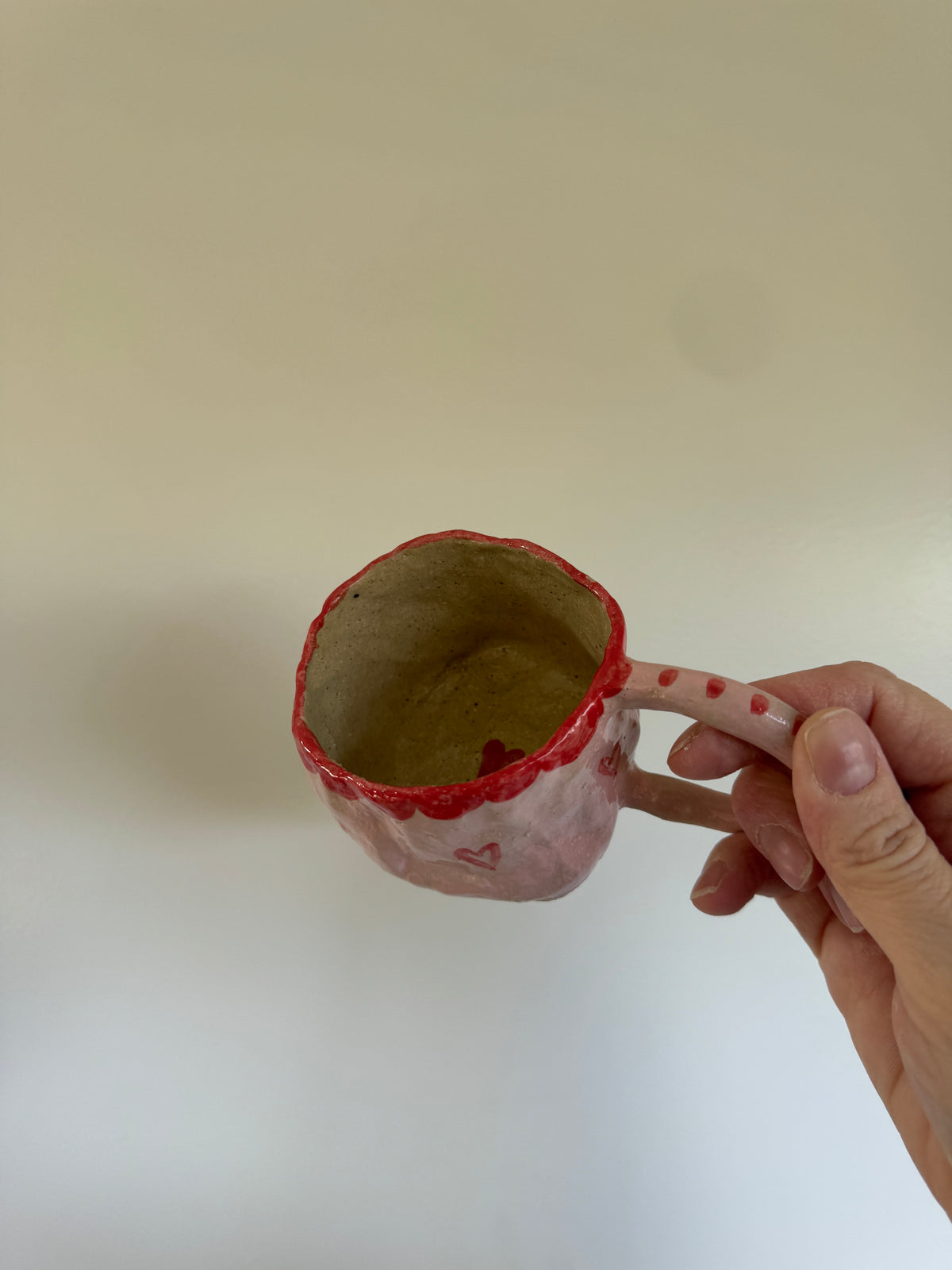 Handbuilt Ceramic Mug/Teacup - Hand painted Pink with Red Hearts