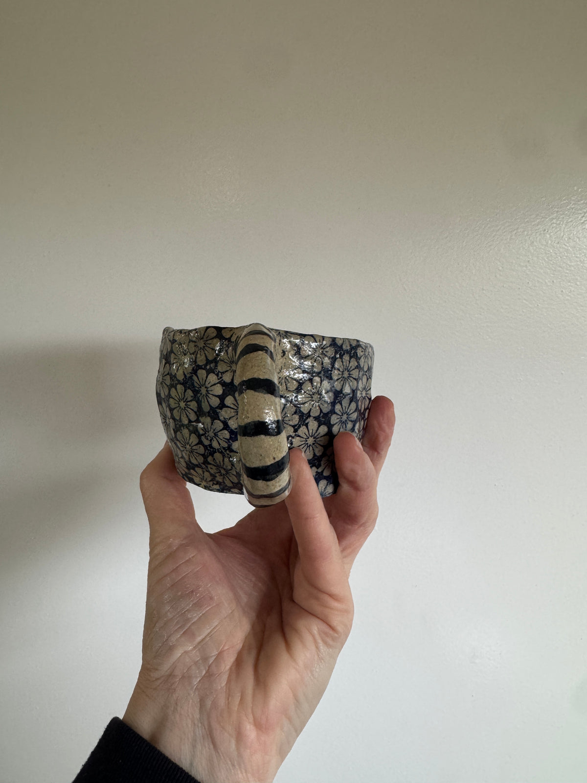 Handbuilt Ceramic Mug - Blue Florals with Stripey Handle