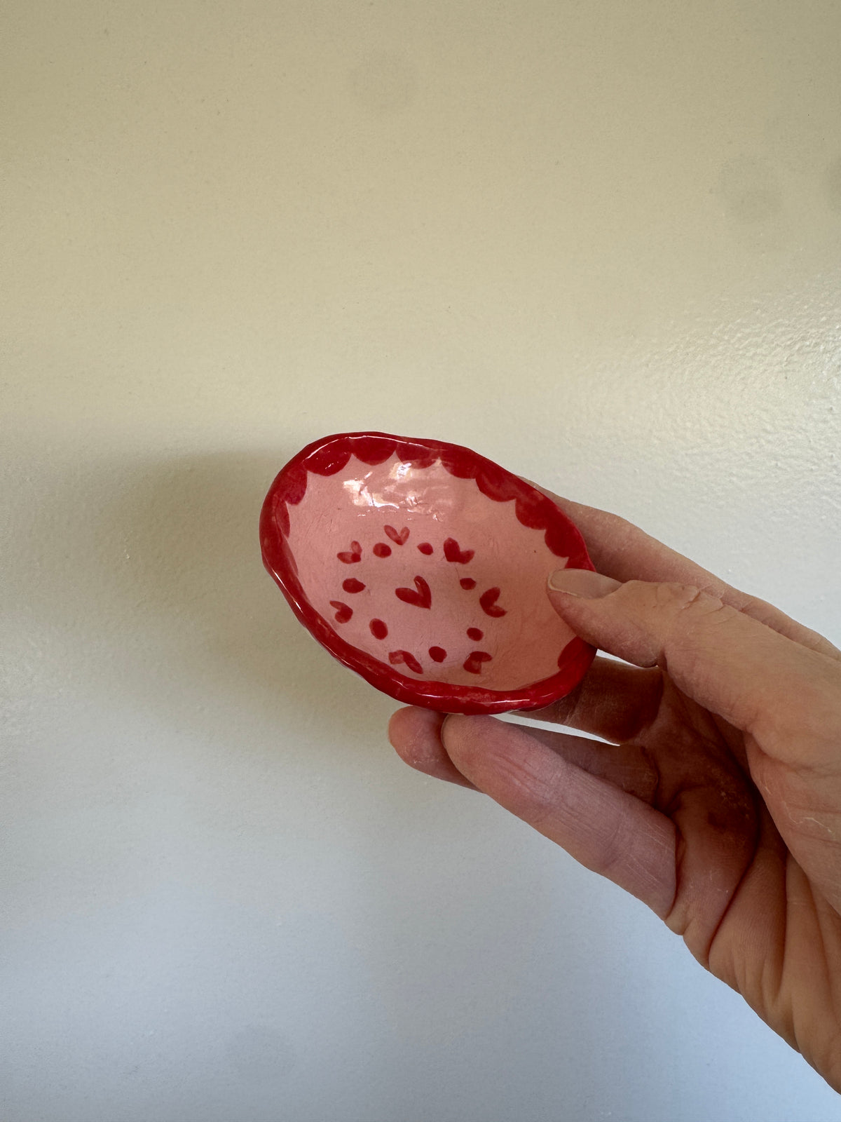 Handbuilt Ceramic Trinket Dish - Pink & Red Dots Hearts