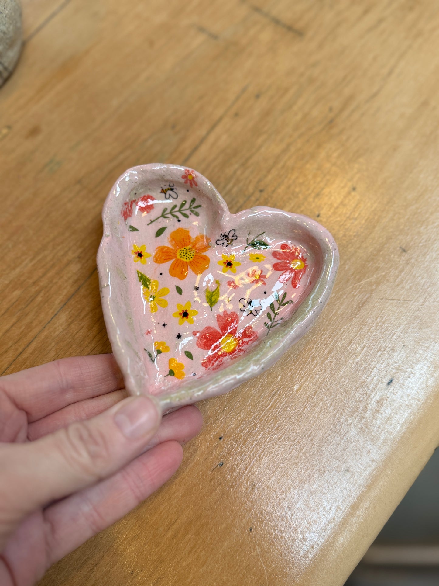 Bee Floral Heart Shaped Trinket Dish – One of a Kind Handbuilt Ceramics
