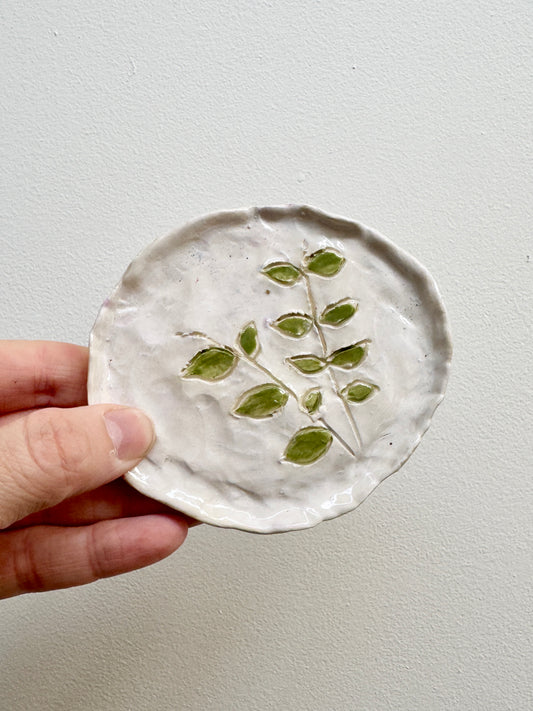 Handbuilt Ceramic Trinket Dish - Green Leaves