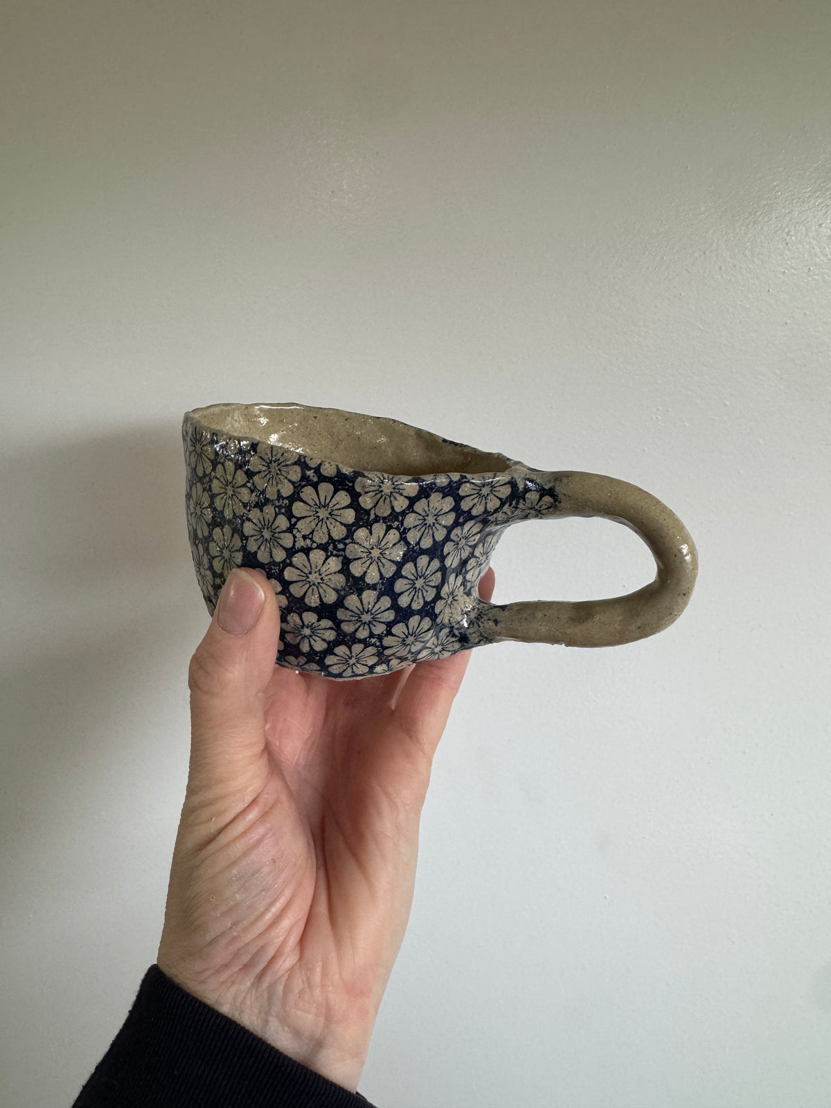 Handbuilt Ceramic Mug - Blue Florals with hearts