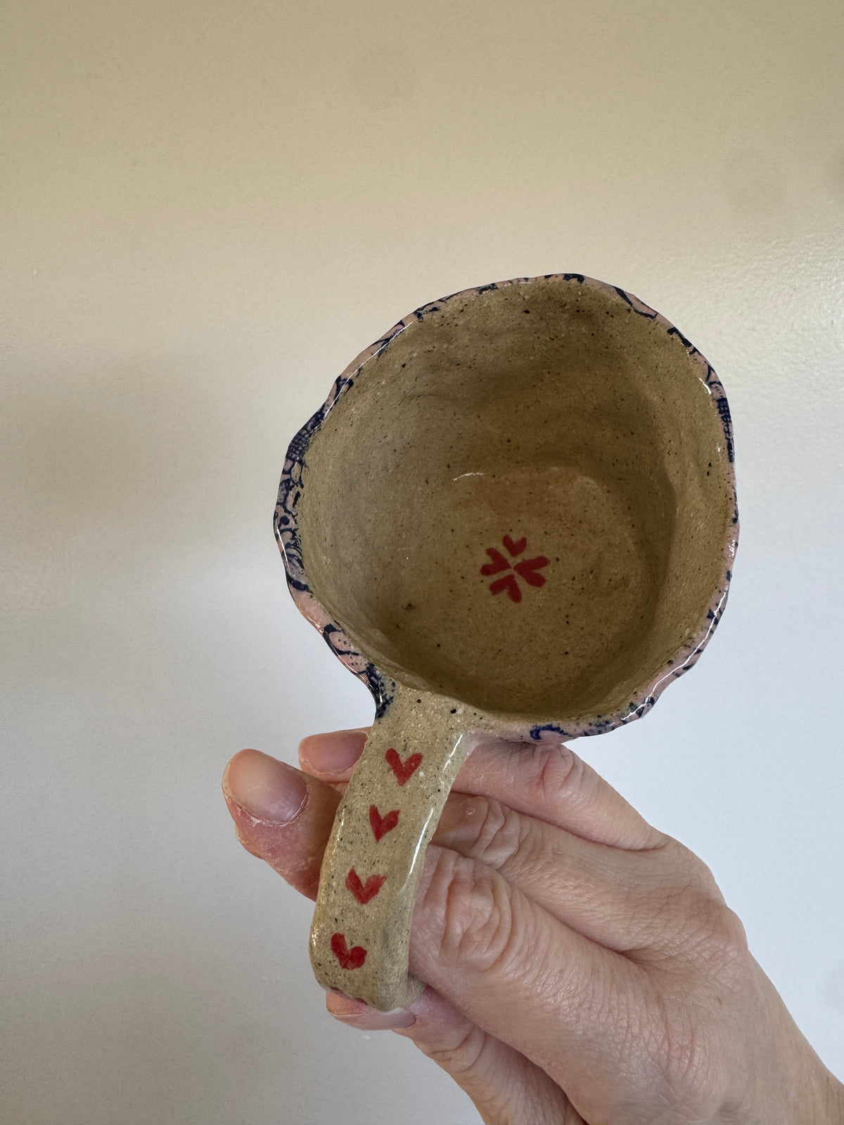 Handbuilt Ceramic Mug - Big Blue Florals with Pink Base & Heart handle
