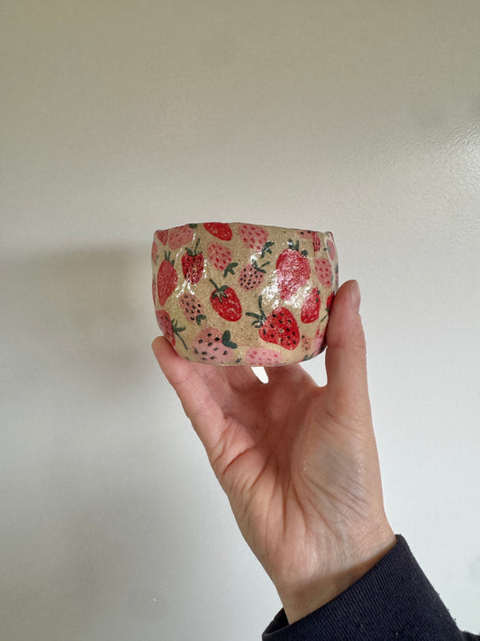 Small Ceramic Bowl with Strawberries Design – One of a Kind Handbuilt Pottery