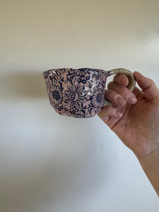 Handbuilt Ceramic Mug - Big Blue Florals with Pink Base & Heart handle
