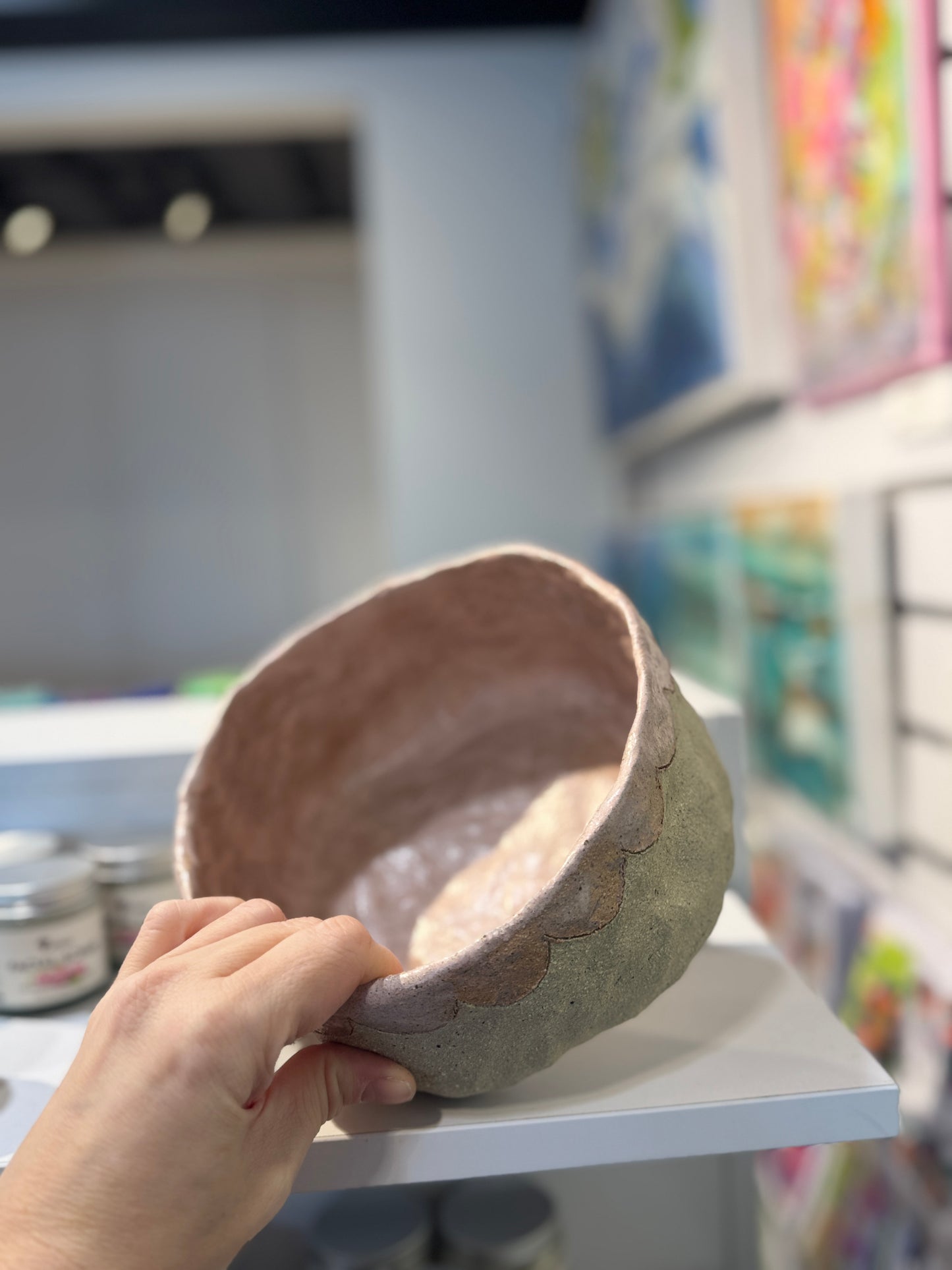 Large Ceramic Bowl with Pink Scallop detail – One of a Kind Handbuilt Ceramics
