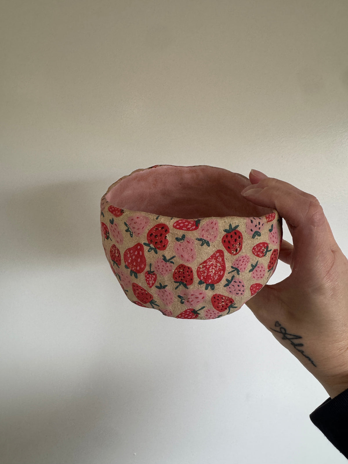 Ceramic Bowl with Strawberries Design – One of a Kind Handbuilt Pottery