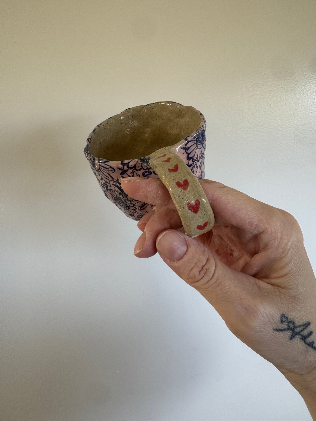 Handbuilt Ceramic Mug - Big Blue Florals with Pink Base & Heart handle