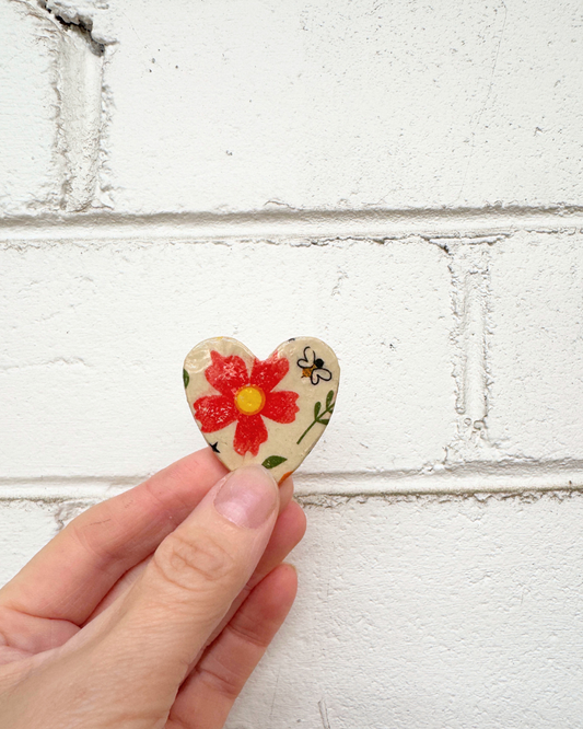 Ceramic Heart Brooch – Floral & Bee Design (Handbuilt, Limited Batch)