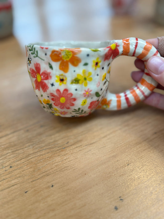 Bee Floral Mug – One of a Kind Handbuilt Ceramic Mug