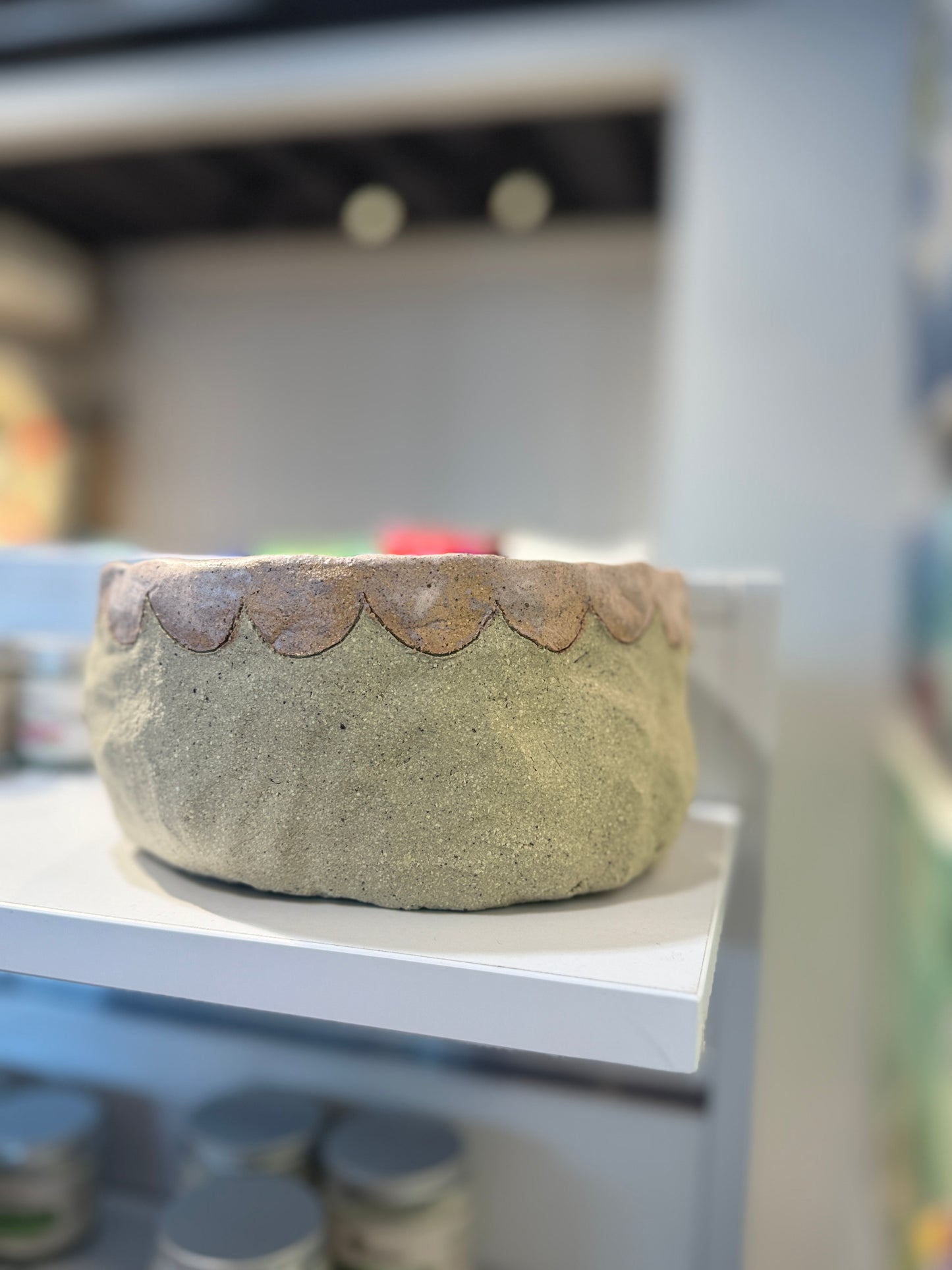 Large Ceramic Bowl with Pink Scallop detail – One of a Kind Handbuilt Ceramics