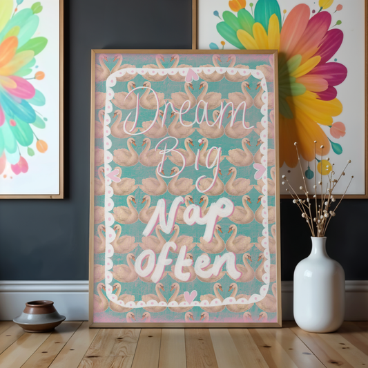 Dream Big Nap Often Printable Wall Art – Cute Swan Pattern Poster, Whimsical Bedroom Decor, Self Care Quote Print, Instant Download