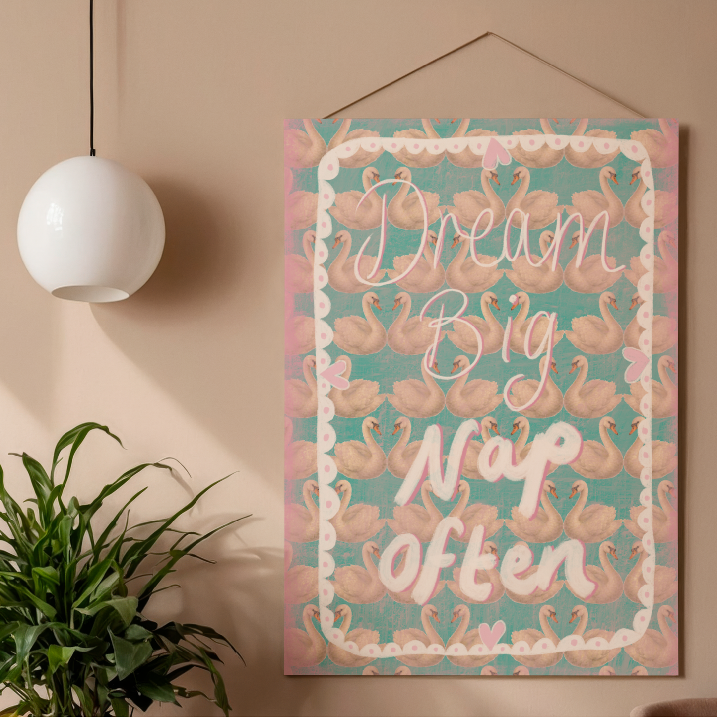 Dream Big Nap Often Printable Wall Art – Cute Swan Pattern Poster, Whimsical Bedroom Decor, Self Care Quote Print, Instant Download